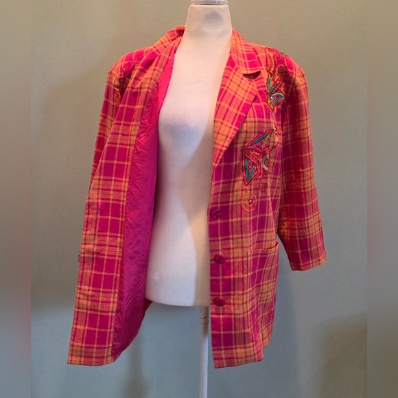 I.B. Diffusion Embroidered Plaid Blazer Jacket Size 10 Pink Orange Vintage 90s - Picture 6 of 14